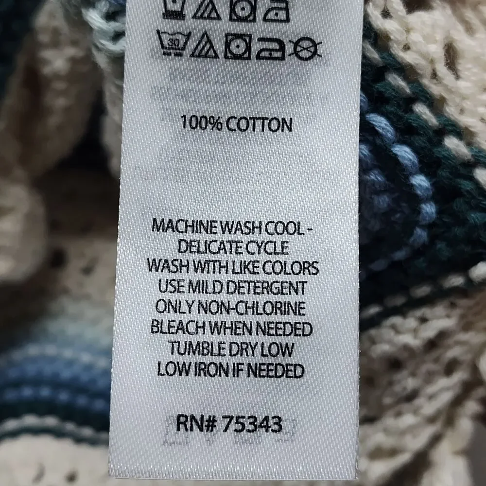 Crochet Top Women L Cream Blue Stripes Short Sleeve Spring Beachy Boho Casual - Picture 7 of 7